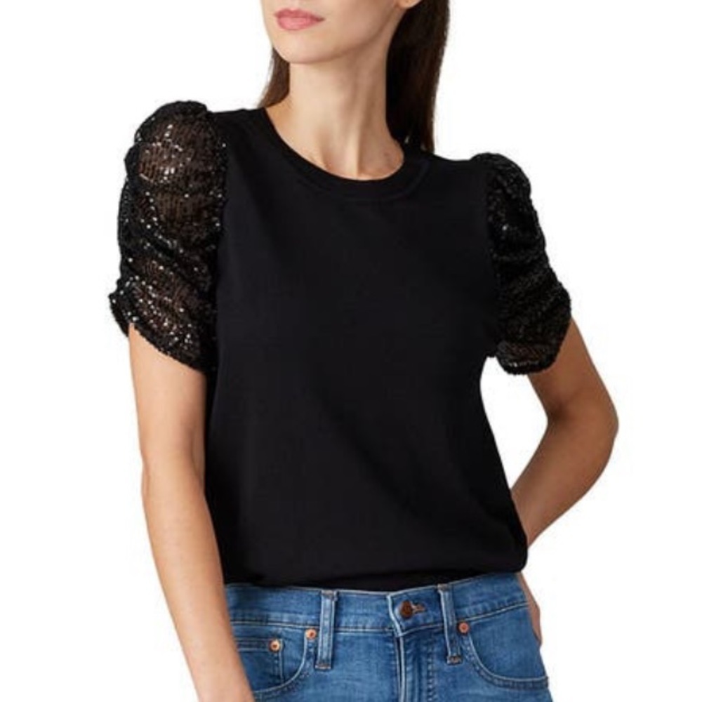 Parker Tash Knit Sequin Short Puff Sleeve Sweater Top Black Sz XXL